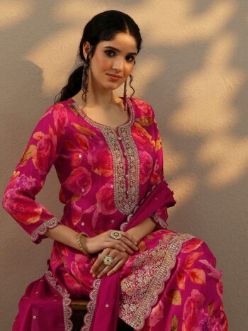 Magenta Printed Silk Blend Straight Suit