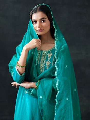 Green Embroidered Silk Blend Straight Suite