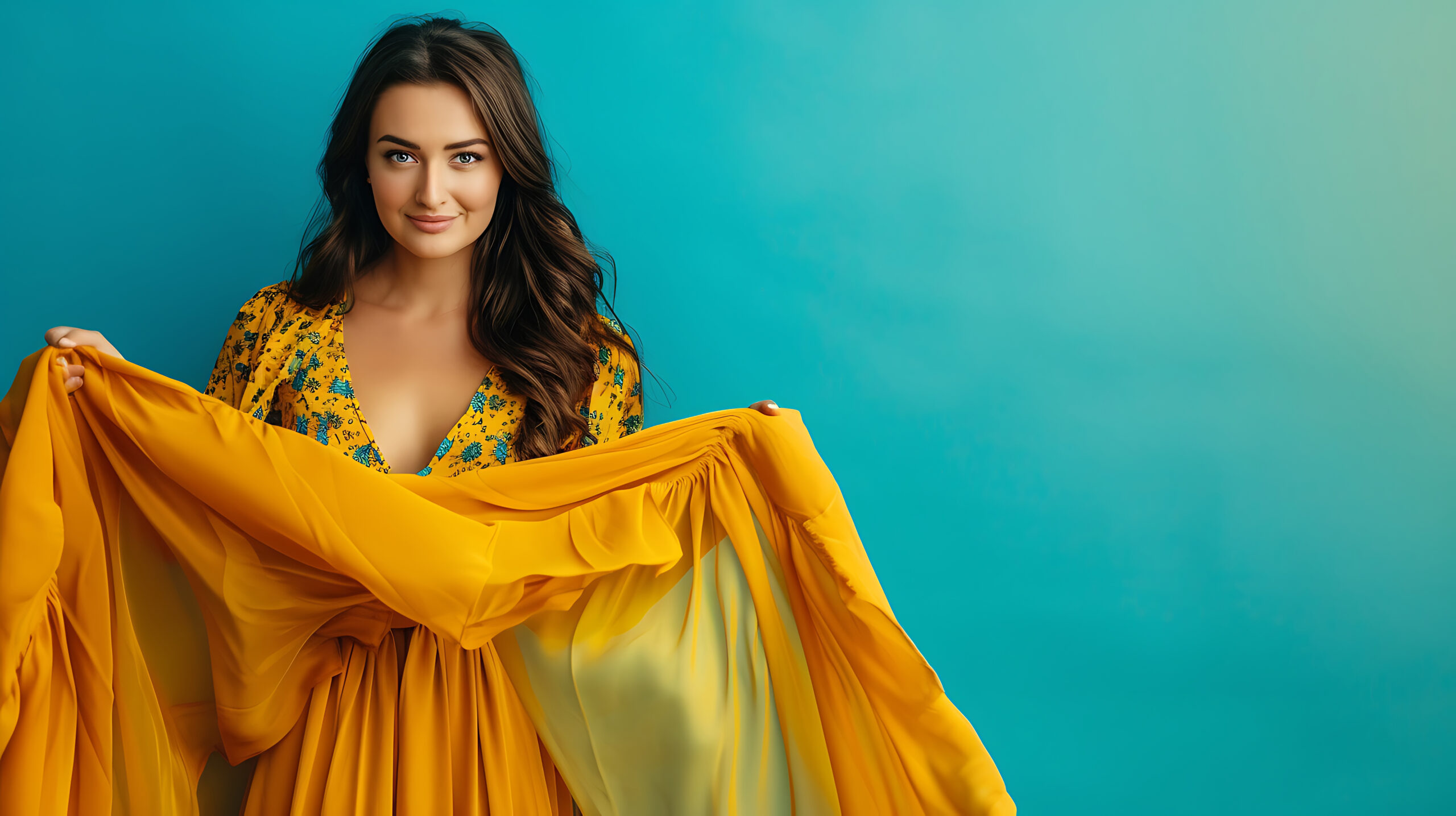 charming-young-woman-dress-against-bright-teal-background-looking-camera