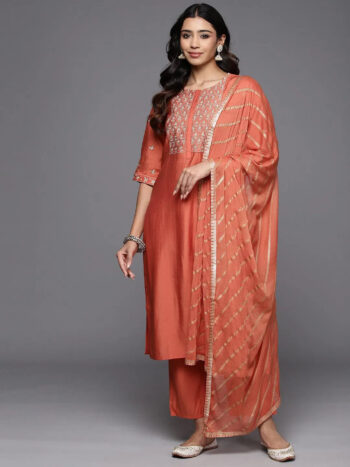 Coral Solid Silk Blend Straight Suit With Bottom